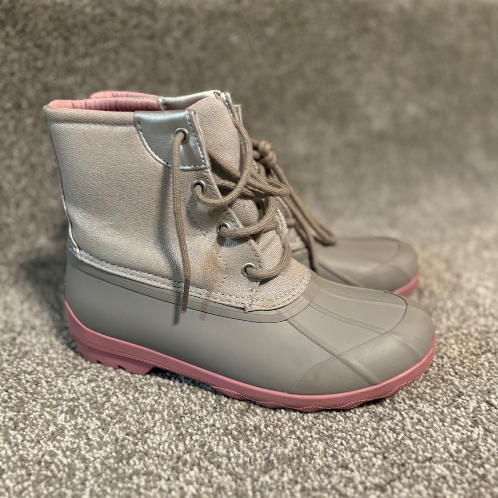 Sperry Port Boot Girls Grey Silver Pink Duck Boots Size 4M